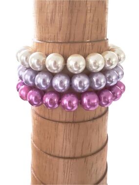 Pink Purple Faux Pearl Beaded Bracelet Stack Set Stretch Stackable Bracelets